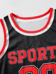 2pcs/Set Tween Boys' Casual Sporty Outfit, Contrast Color Letter & Number Graphic Round Neck Tank Top Paired With Loose Shorts, Basketball Uniform Style, Spring/Summer - Black - View 4