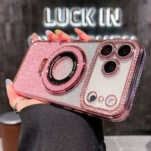 奢华亮片相机水钻指环支架渐变闪光电镀手机壳，兼容 17 Pro Max Air 16 15 14 13 12 Pro Max Mini，适合女孩和女士，橙色、银色、粉色可选。 - 粉色 - 查看 8