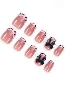 ARTAUG 40pcs XS/S/M Size French Manicure Nail Stickers, Short Square Fake Nails, Leopard Print French Tip Red, Pink, White, Black Bow Design, Glossy Press-On Reusable Nail Stickers, Cute Nail Art Decals For Women - Multicolor - View 4