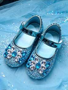 1 Pair Kids Glitter Rhinestone Bow Flat Shoes, Girls Princess Style Shiny Leather Shoes Suitable For Daily Wear, Stage Performance, Party - Blue - View 13