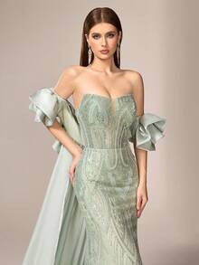 VIPGIRL Elegant Luxury Women's Strapless Long Evening Dress With Contrast Sequin And Mesh Details Sleeveless Formal Gown - Mint Green - View 10
