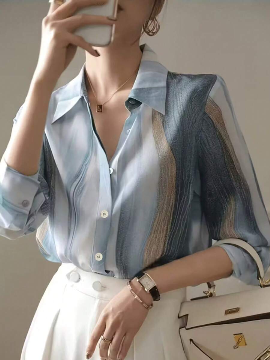 Versatile Loose Printed Shirt For Women, Elegant Blouse With Front Button Closure, Suitable For Office, Vacation, Spring/Summer/Autumn - 淺藍色 - 查看 1