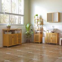 HOMCOM Bathroom Cabinet In Natural Bamboo With 3 Open Compartments, Dimensions 36 X 33 X 140 Cm For Optimal Storage.