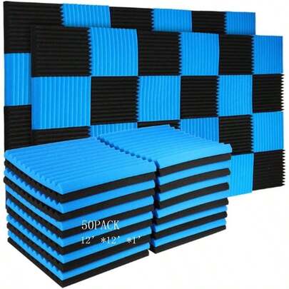 50 Pack Acoustic Panels Soundproof Studio Foam Walls Sound Absorbing Sound Insulation Wedge Home, 1 inch X 12 inch X 12 inch 50Pcs, BlackBlue