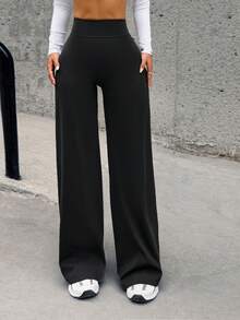 Aoqta Sports 女士夏季休闲纯色长裤，高腰显瘦宽松阔腿运动裤，适合瑜伽、跑步、健身、日常穿着 - 黑色 - 查看 9