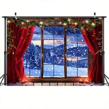 2D Flat Banner, 1 Winter Miracle Christmas Background - Polyester Snow Window View With Red Curtains And Lights, No Electricity Required, Perfect For Birthday, Anniversary, And Singles Party Decorations - Multicolor - View 3