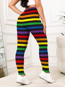 Women'S High Waist Rainbow Stripe Leggings, Polyester And Elastane Blend, High Stretch, Asymmetrical, Cute Style, Knit Fabric, For All Seasons - style - 查看 5