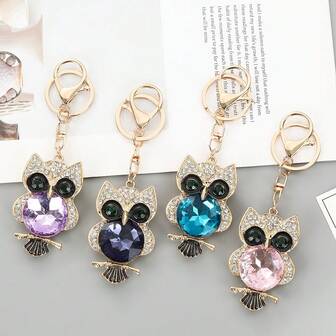 Trending Rhinestone Owl Keychain, Elegant Metal Animal Bird Keyring