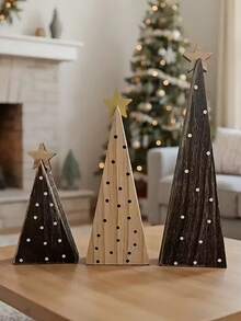 3 pezzi Decorazioni in legno a forma di cono colorate, con motivi a stella e puntini sulla parte superiore, semplici e caldi, adatti per decorare il tavolo, il salotto, la camera da letto, il camino, la scrivania, la casa, la stanza, come regalo - Castano - Visualizzare 10