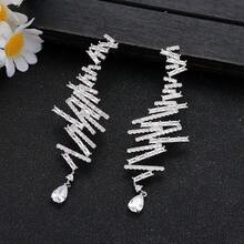 1 Pair Asymmetrical Cubic Zirconia Line & Tassel Decor Drop Earrings, Suitable For Women, Party/Casual Wear - Silver - View 3