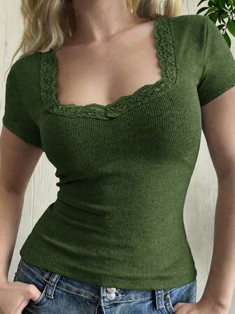 Camiseta de mujer Y2K de unicolor, delgada, sexy, de manga corta y con encaje en la Top