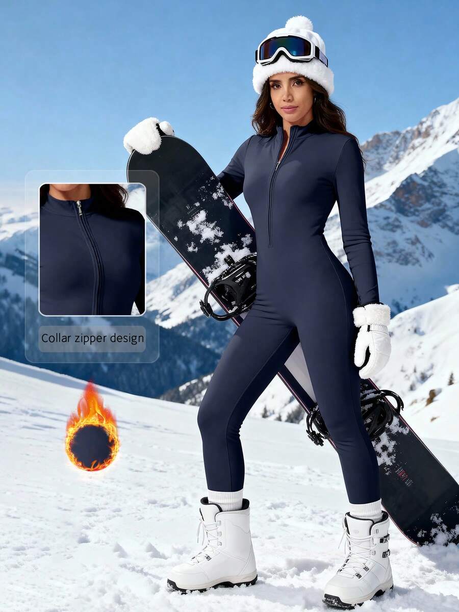 NcmRyu 1件装女士纯色多功能高领抓绒紧身保暖滑雪服冬季运动服 - 藏蓝色 - 查看 1