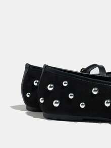 Women's New Rivet Decor Round Toe Ballet Shoes, Fashion Versatile Chic Strap Buckle Suede Soft Bottom Comfortable Mary Jane Shoes - Black - View 8
