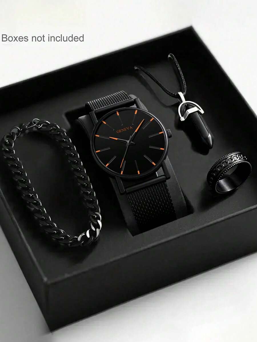 4/1 Set, Reloj de cuarzo de negocios minimalista de moda para hombres con pantalla de puntero, reloj de lujo con diseño de esfera simplista, juego de joyería de 3 piezas que incluye collar, pulsera y anillo, adecuado para negocios, reuniones, fiestas, mantenimiento de la hora y como regalo para diversas ocasiones