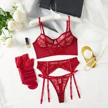 4-Piece Sexy Series Hollowed Out Straps Lace Bow Ladies Sexy Underwear Set,Christmas Lingerie,Christmas Lingerie Women,Lingerie For Women,Lencería Erótica De Mujer,Lingerie Set,Christmas Outfit Women,Lingerie For Women Roleplay,Lingerie For Women>Costume,Sexy Lingerie - 酒紅色 - 查看 10