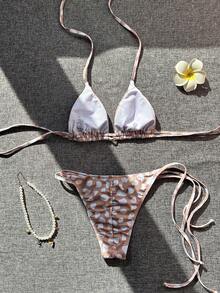 Bộ bikini chấm bi hồng nâu gợi cảm dễ thương - Áo tam giác có thể điều chỉnh + Quần bơi cạp thấp buộc dây bên hông | Đồ bơi đi biển, kỳ nghỉ hè - Bụi hồng - Xem 7