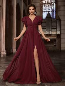 浪漫雪纺伴娘礼服，适合正式户外婚礼，美丽伴娘，长款纯色深V领荷叶边袖伴娘礼服 - 酒紅色 - 查看 4