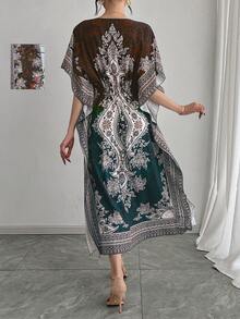 中东阿拉伯风格宽松V领透气高品质休闲可调节腰身显瘦度假短袖连衣裙，大码阿巴雅长袍，传统阿拉伯服饰，节日派对晚礼服，秋冬春季 - 亮橙色 - 查看 2