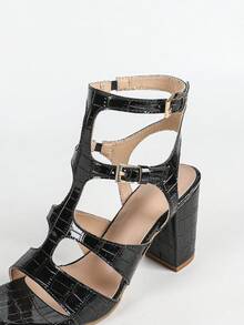 Women Chunky High Heel Sandals Adjustable Ankle Buckle Open Toe Cutout Block Heeled Party Sandals Shoes - Black - View 8