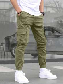 1 pieza Pantalones de carga para chicos adolescentes casuales para exteriores con bolsillos, primavera y otoño - Verde militar - Ver 1