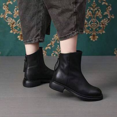 Botas  de tacón bajo vintage con forro de lana, punta redonda, cómodas, impermeables, cortas, estilo coreano nuevo de otoño e invierno 2024, botas de cuero antideslizantes