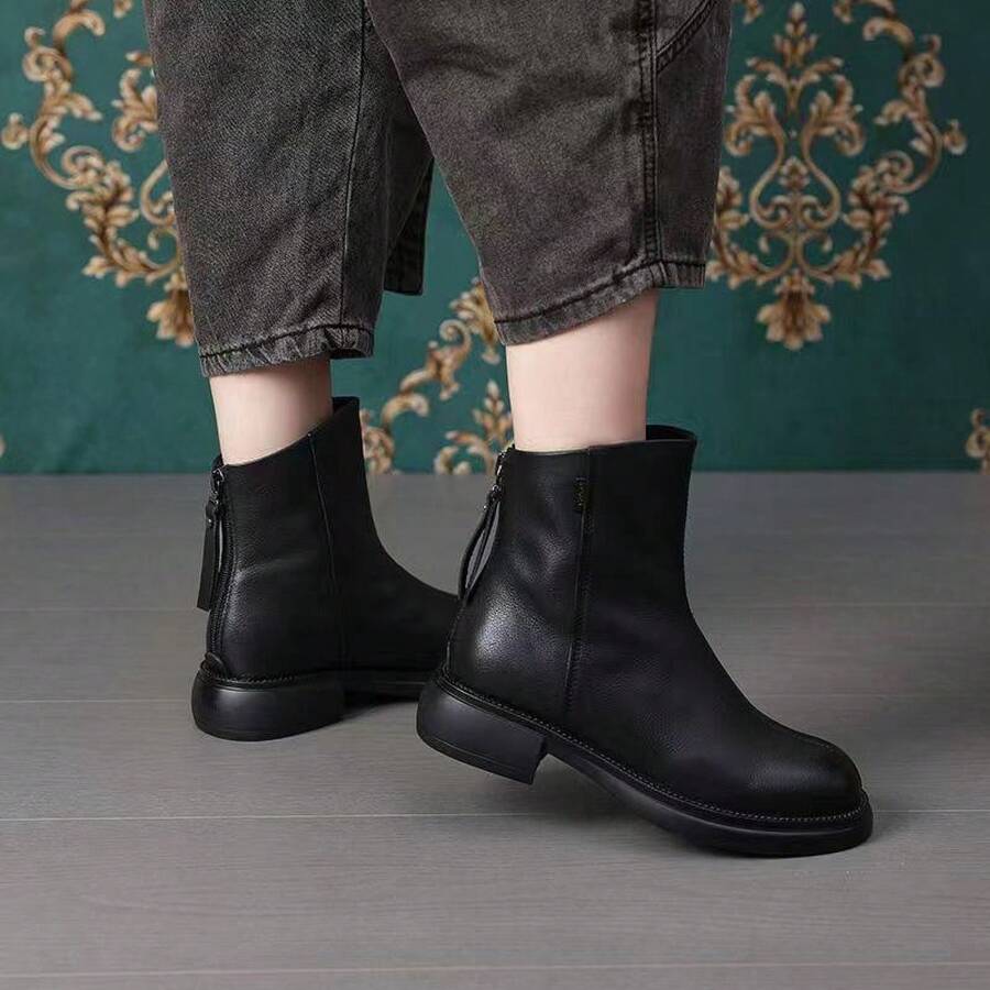 Botas  de tacón bajo vintage con forro de lana, punta redonda, cómodas, impermeables, cortas, estilo coreano nuevo de otoño e invierno 2024, botas de cuero antideslizantes - Forro de algodón marrón - Ver 1
