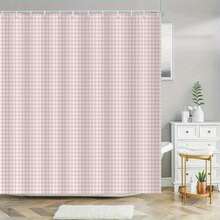 1pc Pink Gingham Shower Curtain, Washable Polyester Bathroom Decor With Grommets, Arts-Themed Partition Curtain For Home Decoration, All-Season Fabric, Hand Wash Only, Bathroom Curtains For Shower - 彩色 - 查看 2