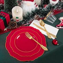 175 Red Plastic Dinner Plates - Includes 50 Plates, 25 Packs Of Pre-Rolled Napkins (With Utensils), And 25 Wedding Cups With Red Gold Trim Disposable Plates - 25-Person Baroque-Style Plastic Cutlery Set,Valentine's Day - 紅色 - 查看 3