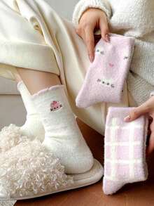 1双/2双/4双装加厚保暖睡眠袜，可爱提花图案，柔软舒适，中筒袜，女士款，适合居家穿着，秋冬季