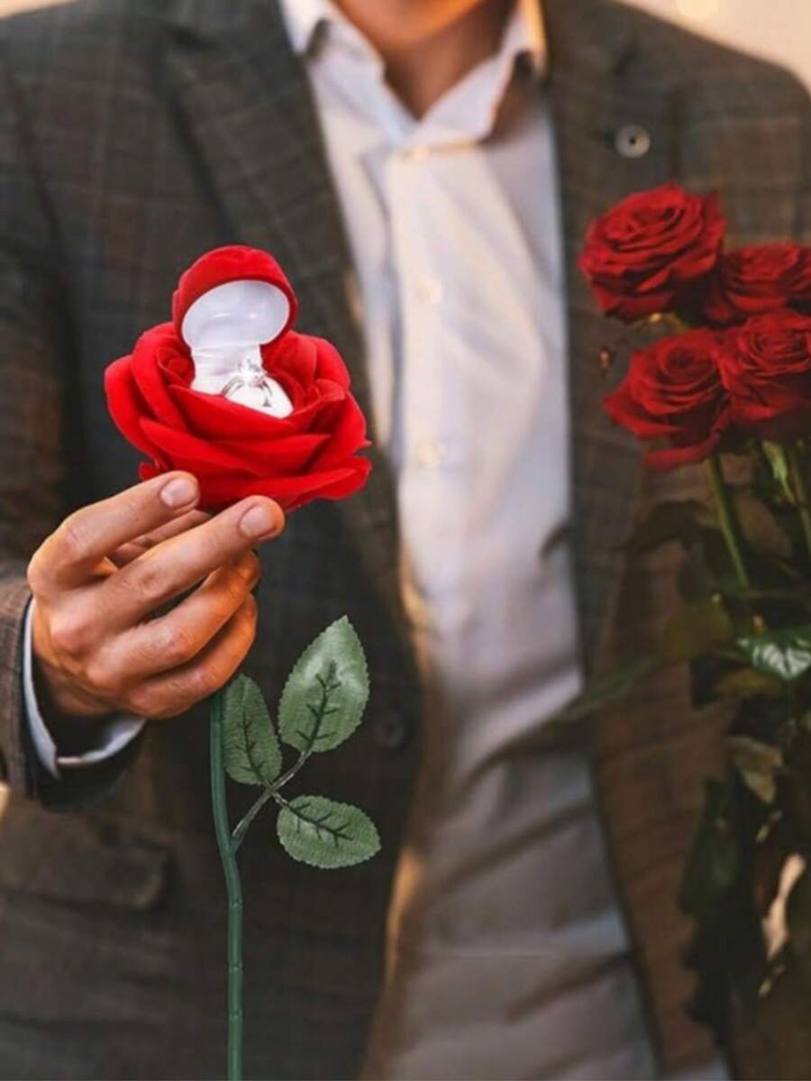 1 قطعة - صندوق خاتم على شكل وردة مخملية، باقة فردية، هدية عيد الحب، دعامة للخطبة، عنصر ديكوري، هدية عيدية، ديكور وردة - متعدد الألوان - مشاهدة 1