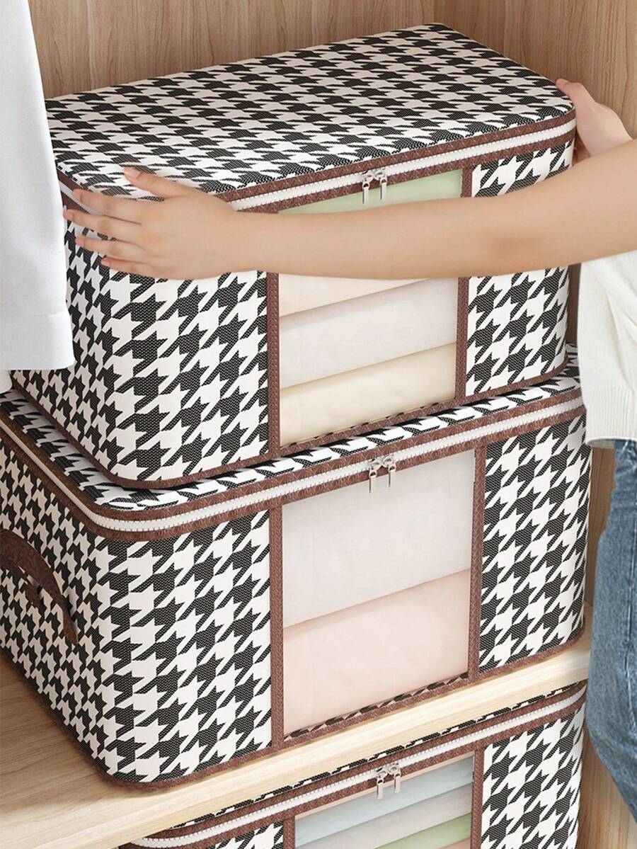 1pc/2pcs Fabric Quilt Storage Bag, Waterproof Moisture-Proof Blanket Organizer Bag, Travel Clothes Packing Cube, Foldable Carry Handle Houndstooth Pattern Large Capacity Storage Bag, Wardrobe Seasonal Clothes Zipper Storage Box, Clean And Tidy - Grey - View 1