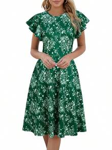 Women's Semi-Formal Ruffle Sleeve V-Back Work Fit And Flare Cocktail Knee Length Dress With Pockets, 2025 Style - Green Floral - 查看 10
