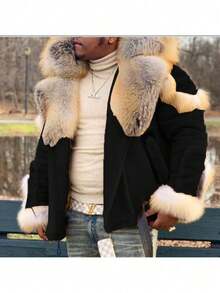 Mens Shearling Leather Coat Thicken Warm Long Sleeve Faux Fur Collar Sherpa Coats Big And Tall Parka Jackets - màu đen - Xem 2