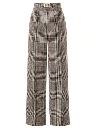  EARO Women's Fashion Woolen Plaid Metal Decor Loose Cinched Waist Versatile Elegant New Casual Loose Fashion Daily Commute Elastic Waist Design Straight Leg Pants, Autumn/Winter