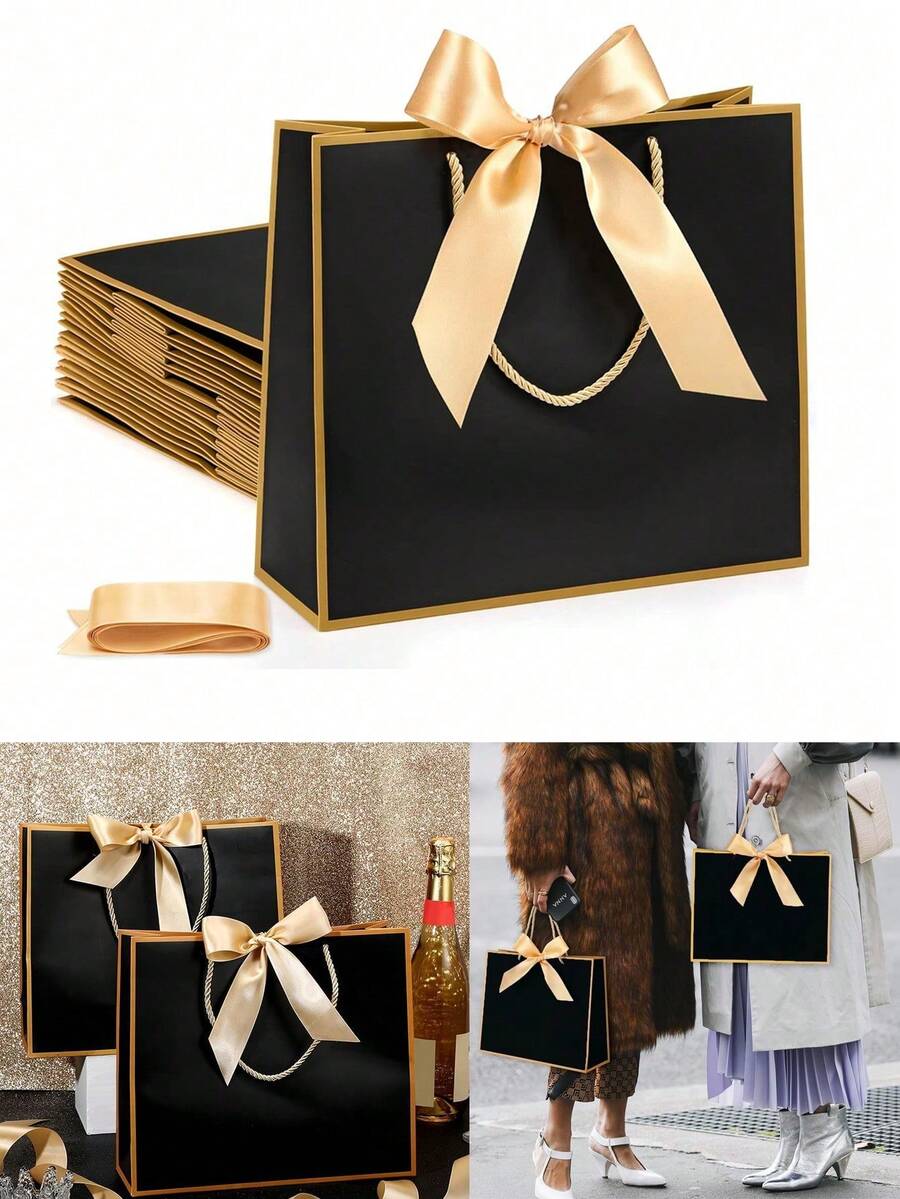 Black Gift Bags With Gold Bow, 10/20 Pcs Kraft Paper Shopping Bags With Handles, Luxury Gold Foil Edge Tote Bags For Wedding Birthday Party - Black - View 1
