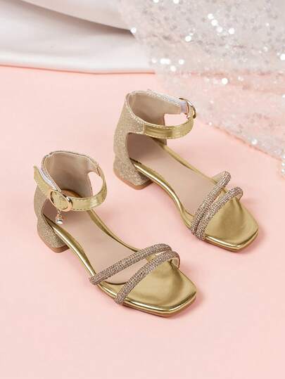 1 Pair Kids' Gold Glitter Rhinestone Embellished Chunky Heel Sandals With Multi-Row Rhinestone Criss-Cross Ankle Strap Design