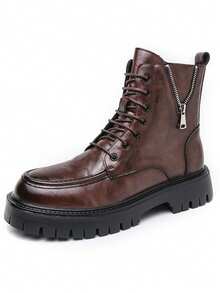 Men's Genuine Leather Round Toe Lace Up Oxford Shoes Side Zipper Platform Combat Boots With Lug Sole Comfortable Ankle Chukka Boots For Fall Winter Outdoor Military Casual Business Work - màu nâu - Xem 11