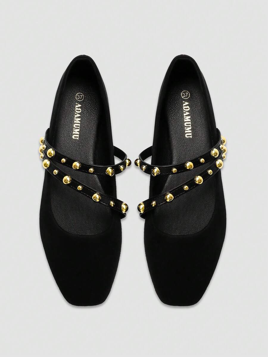 ADAMUMU Women's Fashion Square Toe Casual Party Office Hook & Loop Lightweight Shiny Pearl Decor Comfortable Slip-On Flat Loafers, Apricot - Black - View 1