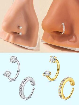 2Pcs/Set 18G(1.0mm) Nose Rings Cubic Zirconia Nose Rings, Stainless Steel Cartilage Earring Tragus Helix Piercing Jewelry For Women & Men Gift