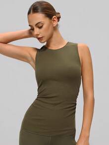 Women's Ribbed Sports Camisole, Crew Neck Sleeveless, Side Ruched Design, Skin-Friendly Breathable, Suitable For Yoga, Fitness And Casual Wear - Olive Green - View 3