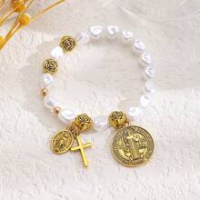Vintage Cross Virgin Mary Pendant Bracelet Oval Portrait Tag Flower Pearl Bracelet Women's Jewelry - 01 古金 M-432 - 查看 9