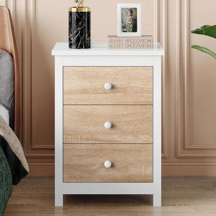 Wooden Bedside Table 3-Drawer Nightstand Cabinet Side Chest End Table 50cm X 39cm X 68.5cm Storage Organiser For Hallway Bedroom Living Room Hamza - Wood White - 3DrawersKnobHandleWoodWhite - View 1