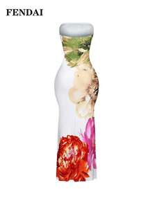 FENDAI 女士标准尺码春夏奢华印花无肩带修身连衣裙，修身鱼尾裙，适合休闲、度假、情人节等场合，优雅迷人。 - 彩色 - 查看 2
