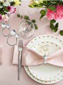 Set Of 12 Silver Napkin Rings - Pearl Buckle Napkin Holders For Christmas, Family Gatherings, Dinner Parties, And Wedding Decor (With 2 Silver Pearls) - White Pearl - View 8