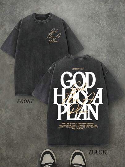 Retro Washed T-Shirt Double Sided Printed (230 Pure Cotton T-Shirt) 'GOD HAS A PLAN' Letter Print, Men's T-Shirt, Men's Casual, Comfortable, Fashionable T-Shirt, Street Style Cotton