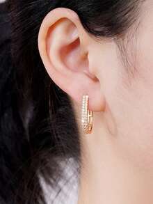 1 par de pendientes de aro elegantes y minimalistas con rhinestones geométricos, adecuados para uso diario y fiestas - Dorado - Ver 2