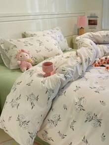 مجموعة غطاء لحاف بطبعة زهور صغيرة عتيقة (1 غطاء لحاف + 2 كيس وسادة)، قماش مغسول، طراز أميرة رومانسي، الإصدار الكوري، نمط أكياس الوسادة مقطوع بشكل عشوائي - الباستيل الأخضر - مشاهدة 3