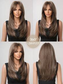 22 Inch Long Straight Synthetic Wig With Gray Base And Brown Highlights, Natural Appearance, Heat Resistant, Suitable For Women's Daily Wear, Parties And Fashion Styling - 彩色 - 查看 7