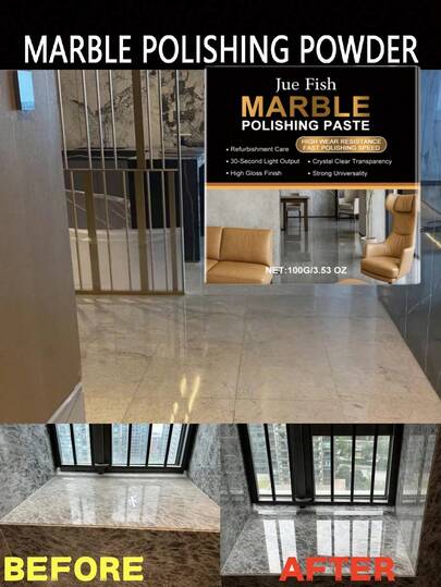 JUE FISH 1 st/100 g marmorpoleringspasta. Rengör och återställer den naturliga lystern hos marmor, kvartsbänkskivor, kakel och andra hårda ytor. Ger en kraftfull skyddande barriär mot vattenfläckar och fingeravtryck, vilket håller ytorna rena längre. Förhöjer utseendet på ditt hem med långvariga resultat. Rengör och förbättrar den visuella strukturen. Lämplig för olika typer av hårda stenar.