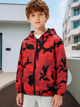 Kids' Casual Loose Camo Waterproof Windbreaker Hooded Jacket